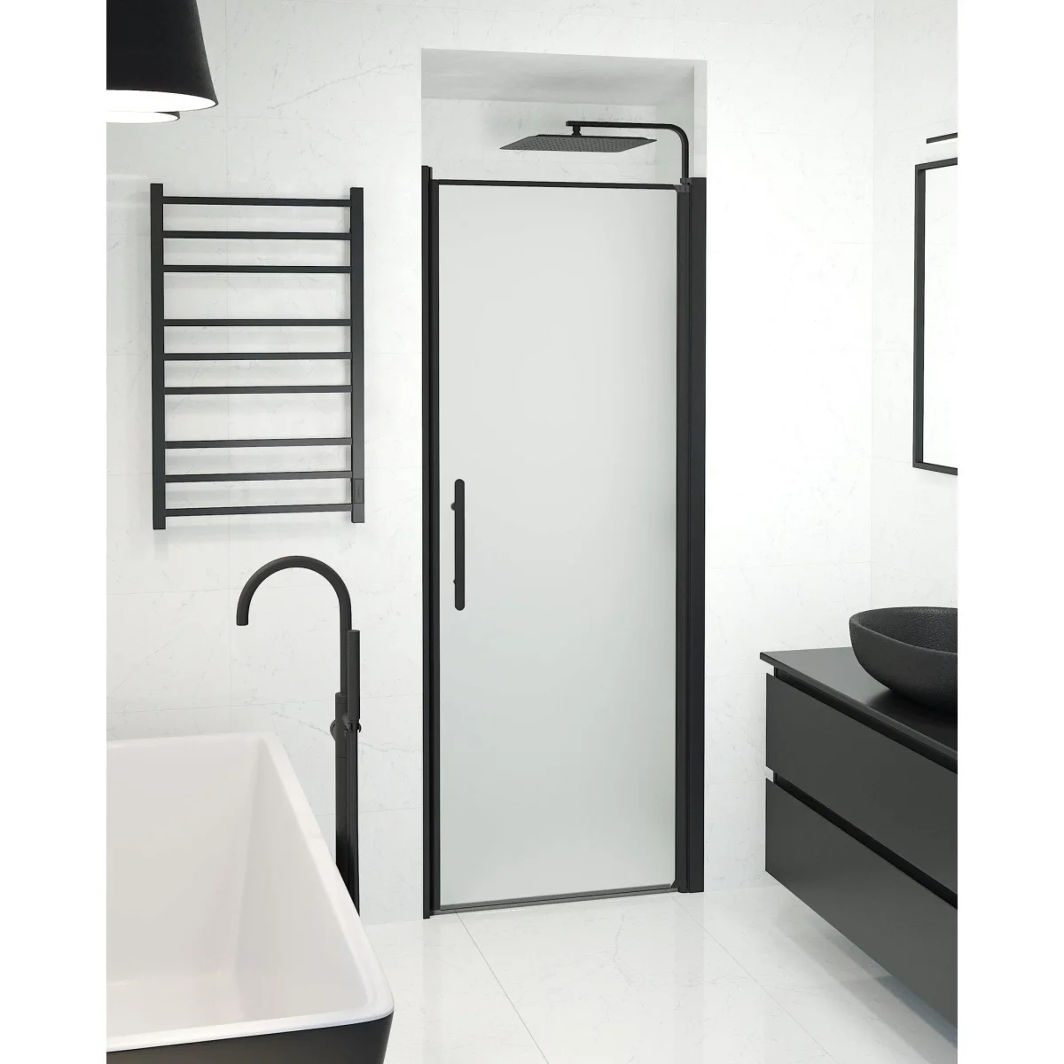 Nischdusch 90x198 cm - 6 mm frostat nanoglas - svart profil - Vänern - Bild 6
