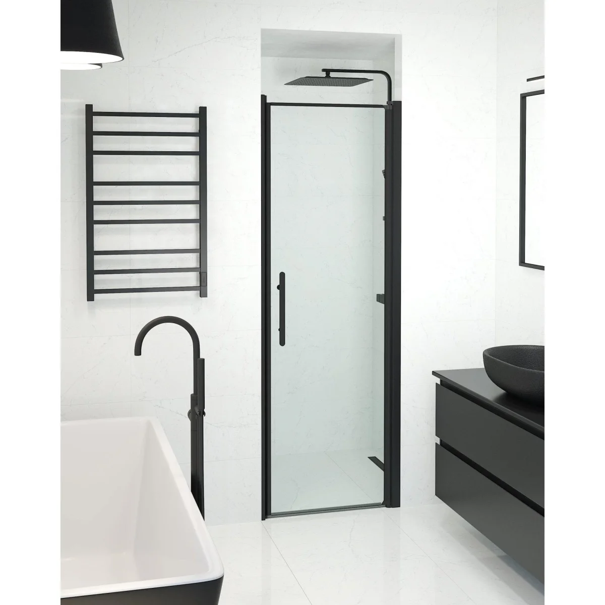 Nischdusch 90x198 cm - 6 mm frostat nanoglas - svart profil - Vänern - Bild 5