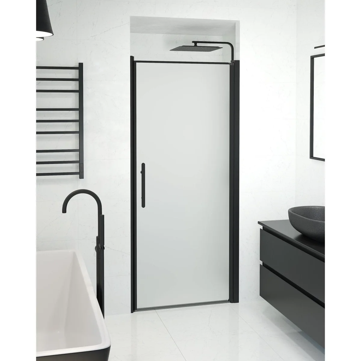 Nischdusch 90x198 cm - 6 mm frostat nanoglas - svart profil - Vänern - Bild 2