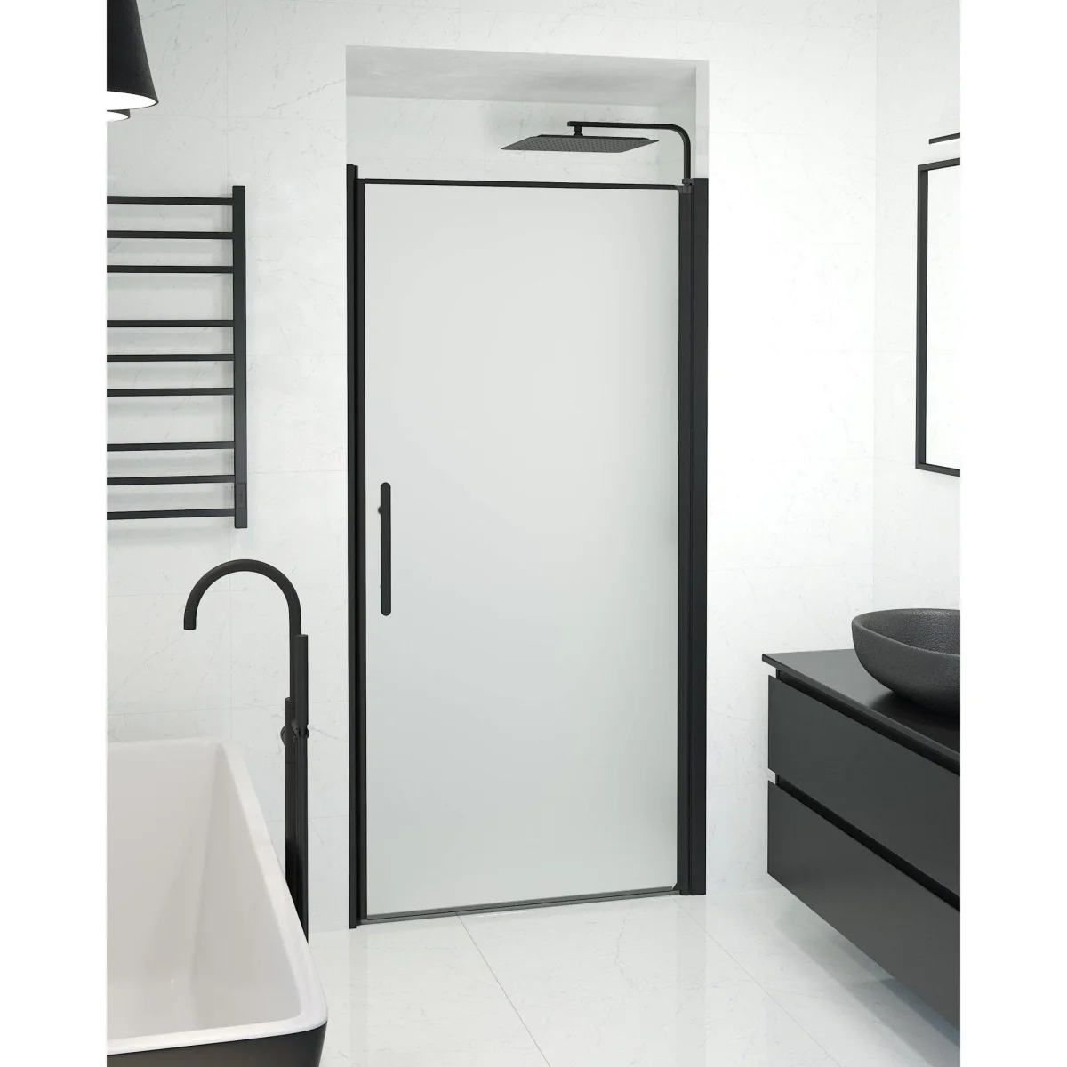 Nischdusch 90x198 cm - 6 mm frostat nanoglas - svart profil - Vänern - Bild 3